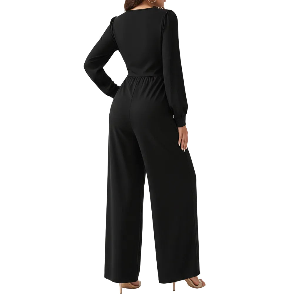 Women's V-neck cross tie waist jumpsuit in black back view