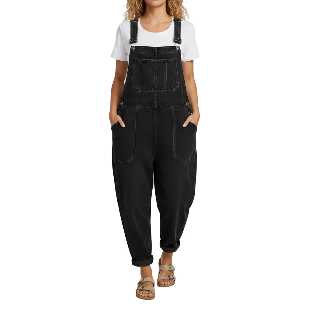 Women's casual vintage loose fit denim overalls jumpsuit with front pockets in black
