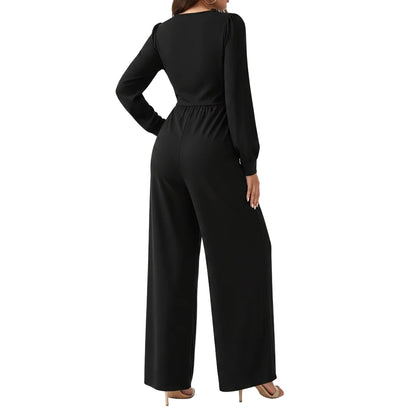 Women's V-neck cross tie waist jumpsuit in black back view