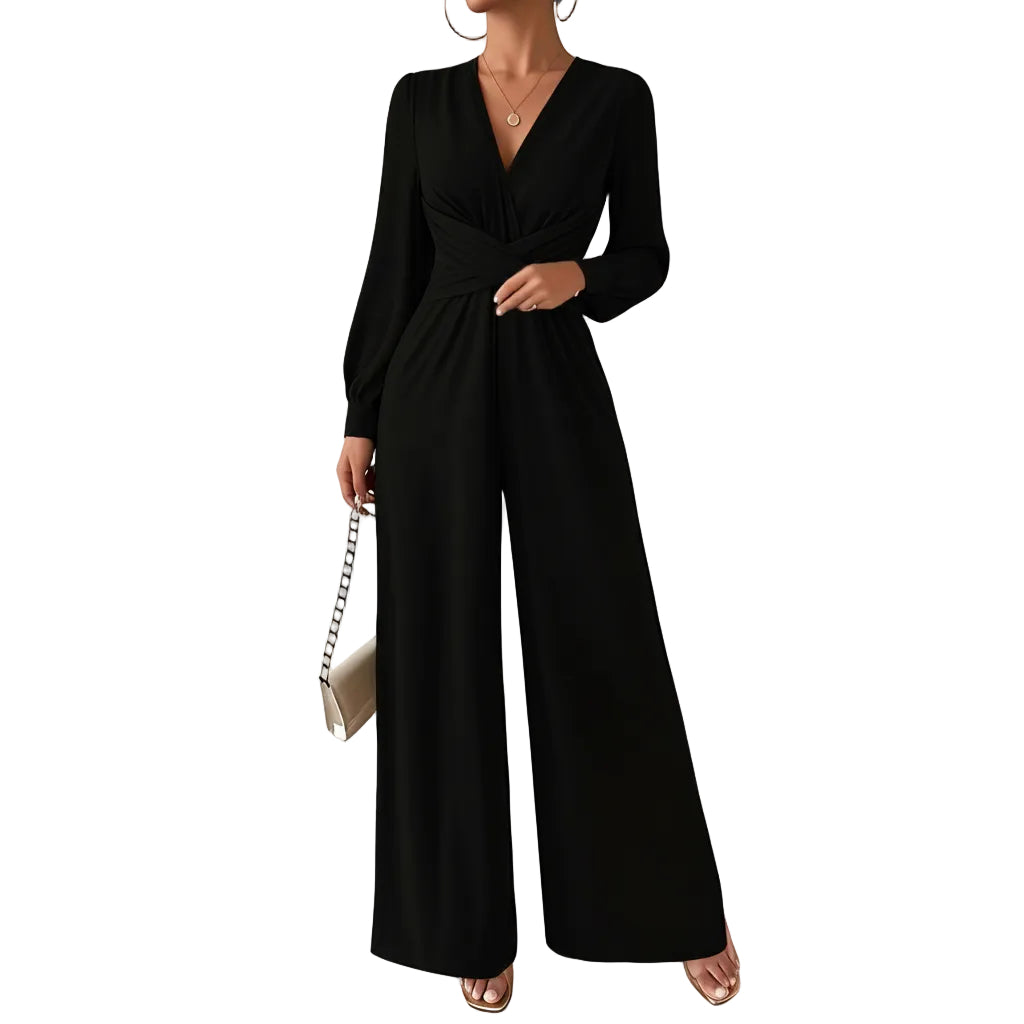 Women's V-neck cross tie waist jumpsuit in black front view