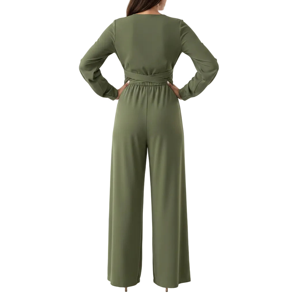 Women's V-neck cross tie waist jumpsuit in green back view