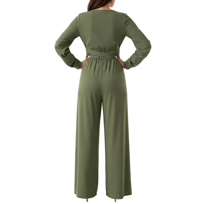 Women's V-neck cross tie waist jumpsuit in green back view