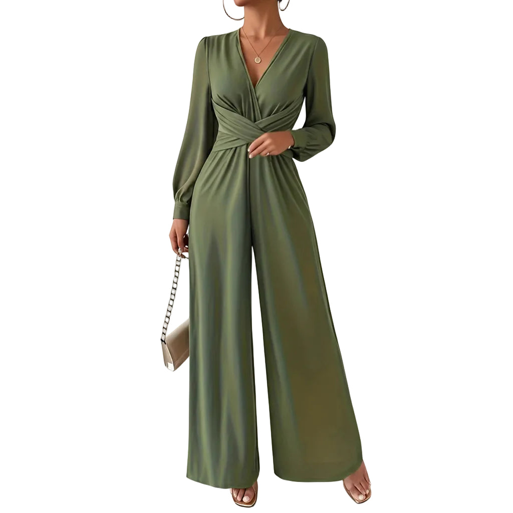 Women's V-neck cross tie waist jumpsuit in green front view