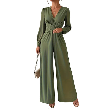 Women's V-neck cross tie waist jumpsuit in green front view