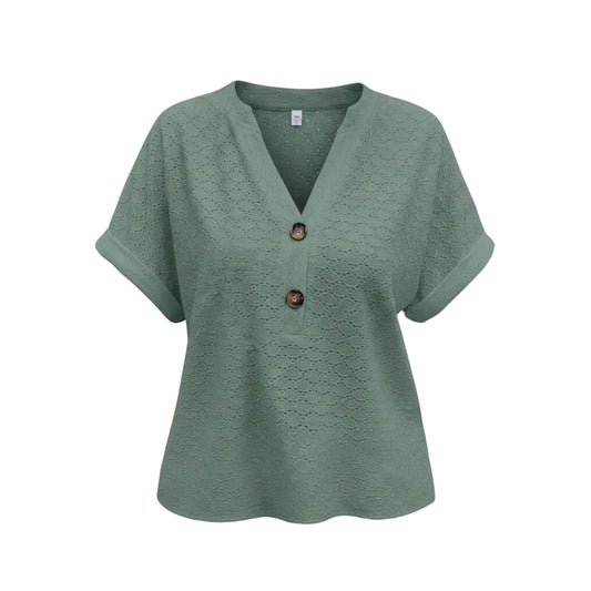 Women's V-neck loose-fit short-sleeve blouse in peacock green front view