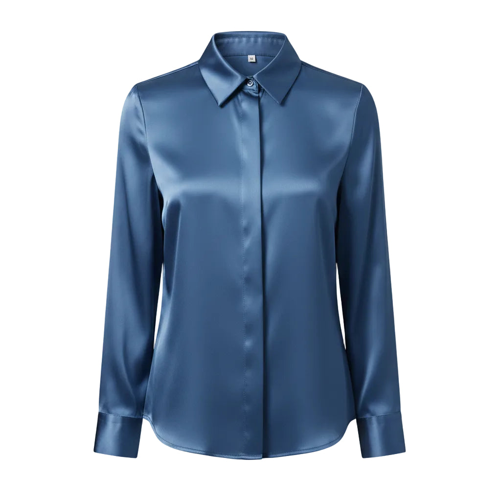 Women's elegant satin long sleeve blouse in Blue