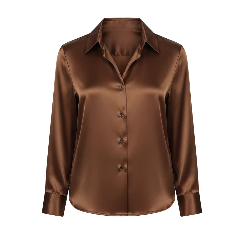 Women's elegant satin long sleeve blouse in Bronze