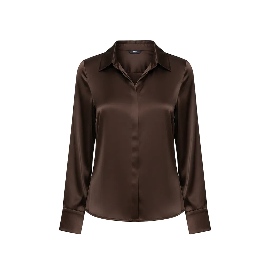 Women's elegant satin long sleeve blouse in Dark Brown