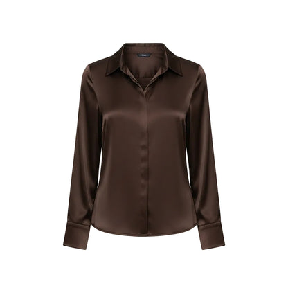 Women's elegant satin long sleeve blouse in Dark Brown
