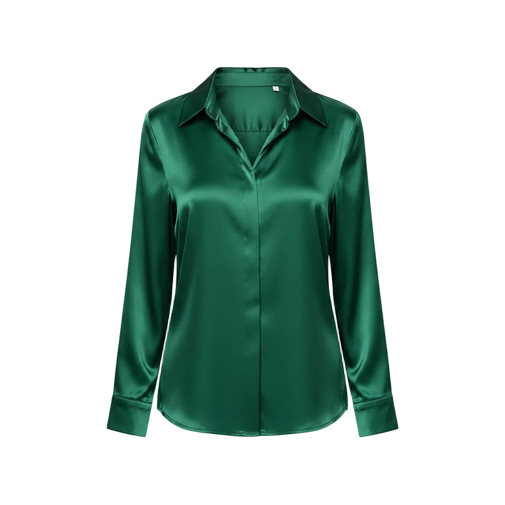 Women's elegant satin long sleeve blouse in Emerald Green