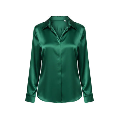Women's elegant satin long sleeve blouse in Emerald Green