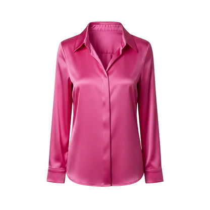 Women's elegant satin long sleeve blouse in Hot Pink