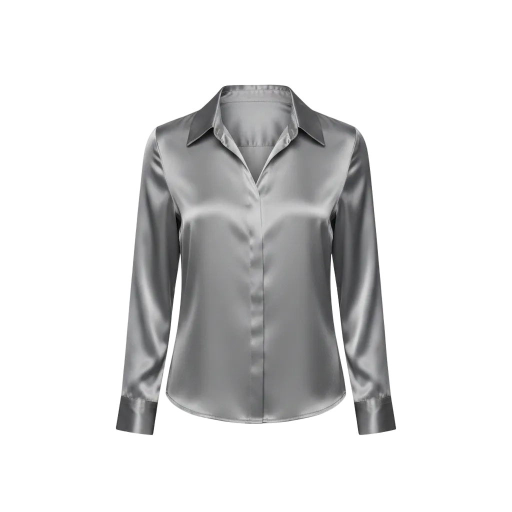 Women's elegant satin long sleeve blouse in Silver Gray