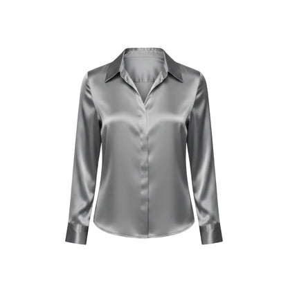Women's elegant satin long sleeve blouse in Silver Gray
