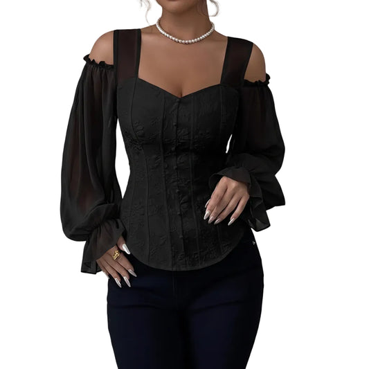 women's off-shoulder floral jacquard blouse in black front view