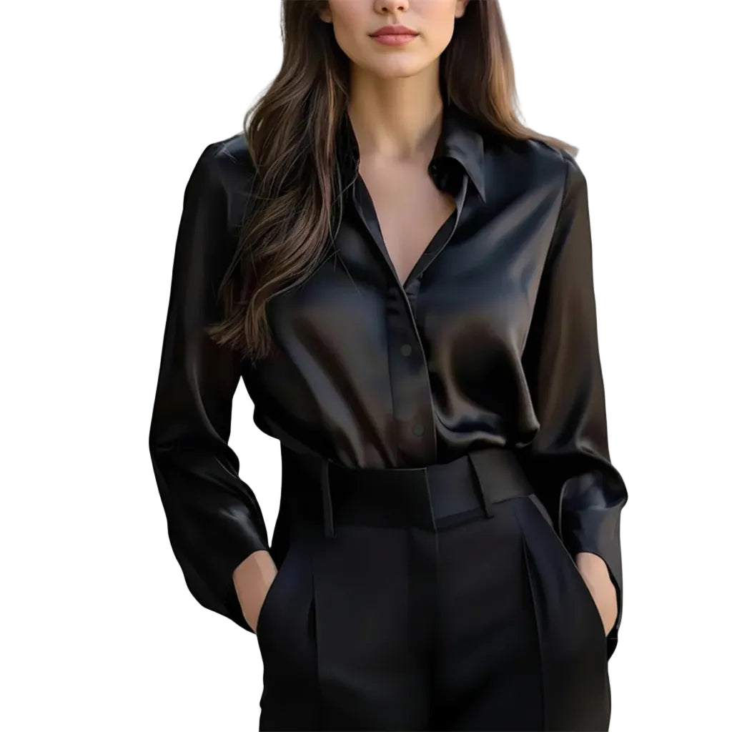 Women's elegant satin long sleeve button down blouse in classic black