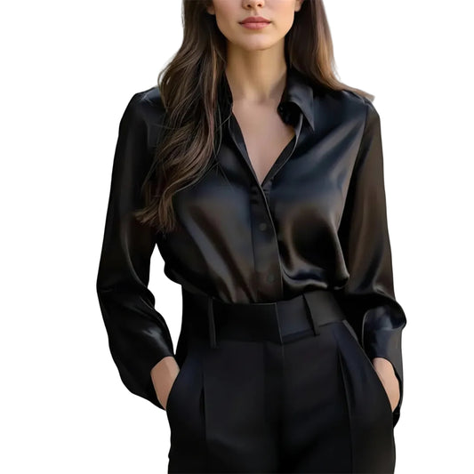 Women's elegant satin long sleeve button down blouse in classic black
