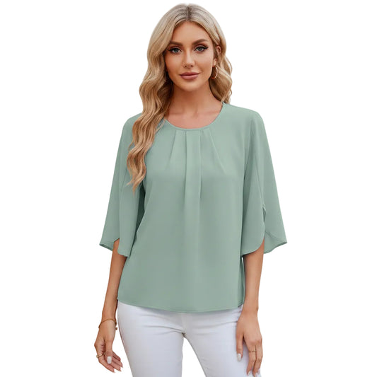 Women's casual loose chiffon blouse top in Bean Green