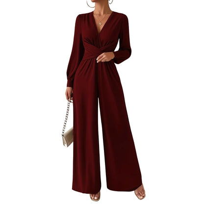 Women's V-neck cross tie waist jumpsuit in wine red front view2