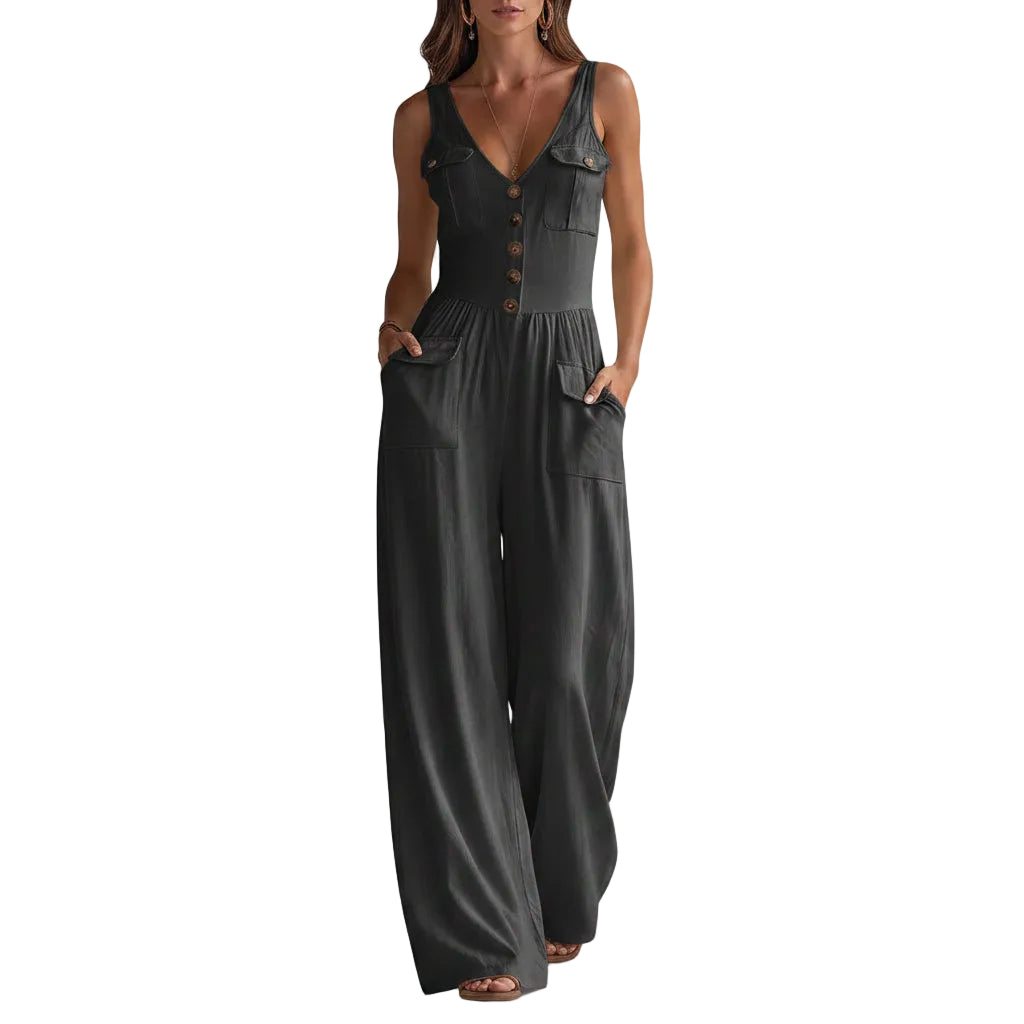 Women's casual sleeveless wide-leg jumpsuit with patch pockets in dark grey