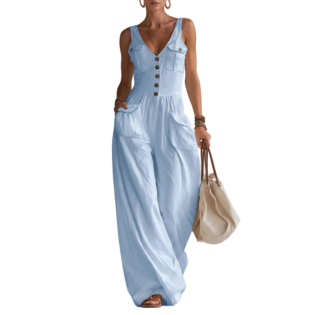 Women's casual sleeveless wide-leg jumpsuit with patch pockets in light blue