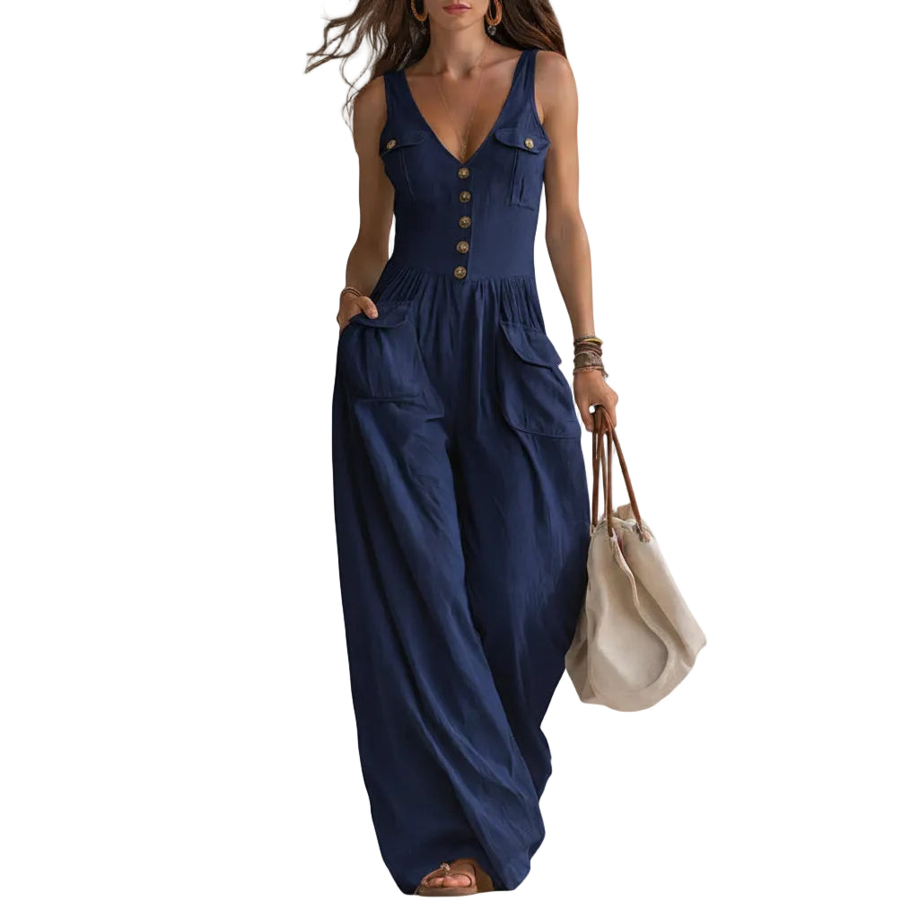 Women's casual sleeveless wide-leg jumpsuit with patch pockets in navy blue