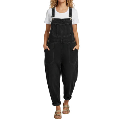 Women's casual vintage loose fit denim overalls jumpsuit with front pockets in black