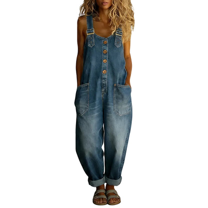 Women's casual vintage loose fit denim overalls jumpsuit with front pockets in dark blue