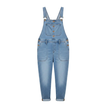 Women's casual vintage loose fit denim overalls jumpsuit with front pockets in light blue