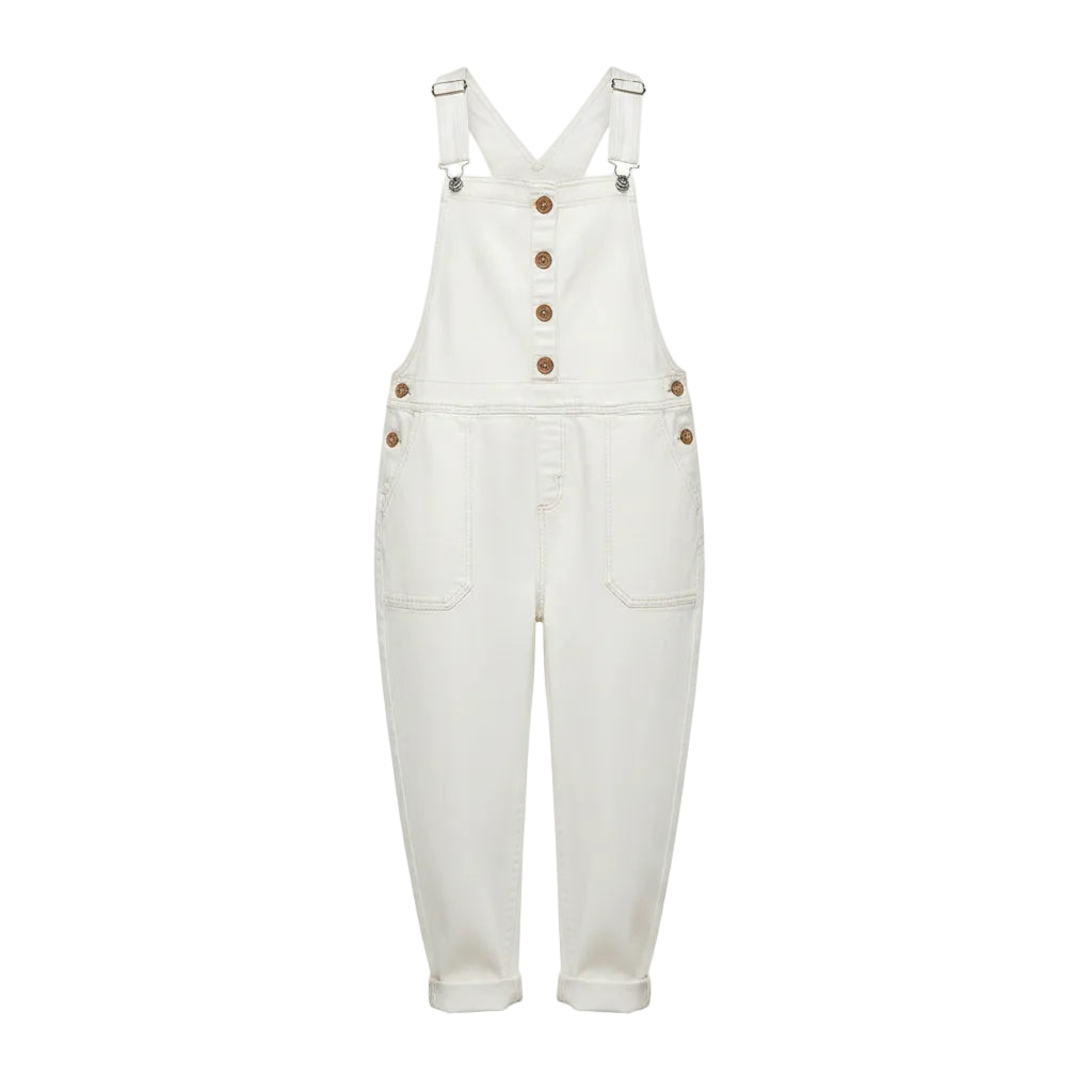Women's casual vintage loose fit denim overalls jumpsuit with front pockets in white
