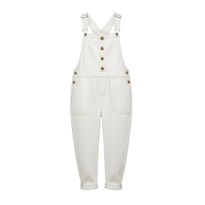 Women's casual vintage loose fit denim overalls jumpsuit with front pockets in white