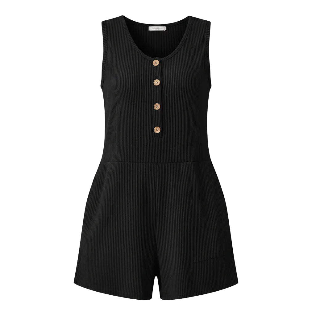 Women's summer round neck casual sleeveless short jumpsuit with pockets in black