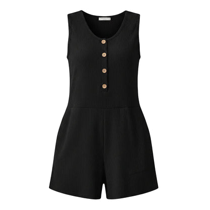 Women's summer round neck casual sleeveless short jumpsuit with pockets in black