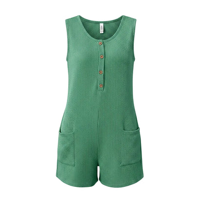 Women's summer round neck casual sleeveless short jumpsuit with pockets in green